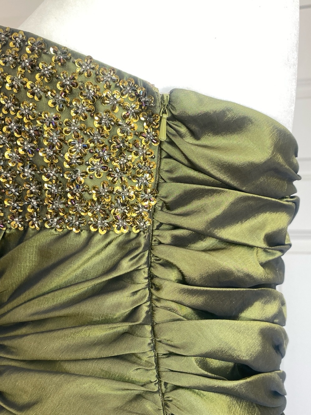 Strapless Olive Ruched Ruffle High-Low Dress - Picture 11 of 14